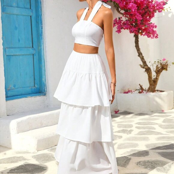 White Boho Women's Short Halter Neck Tank Top And Ruffle Hem Mini Skirt Set - Picture 4 of 6